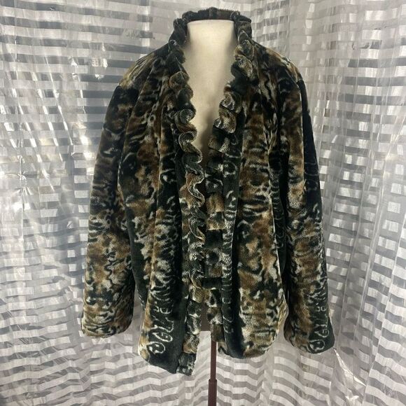 Cato Black Animal Print Faux Fur Open Front. Oat - Picture 1 of 6